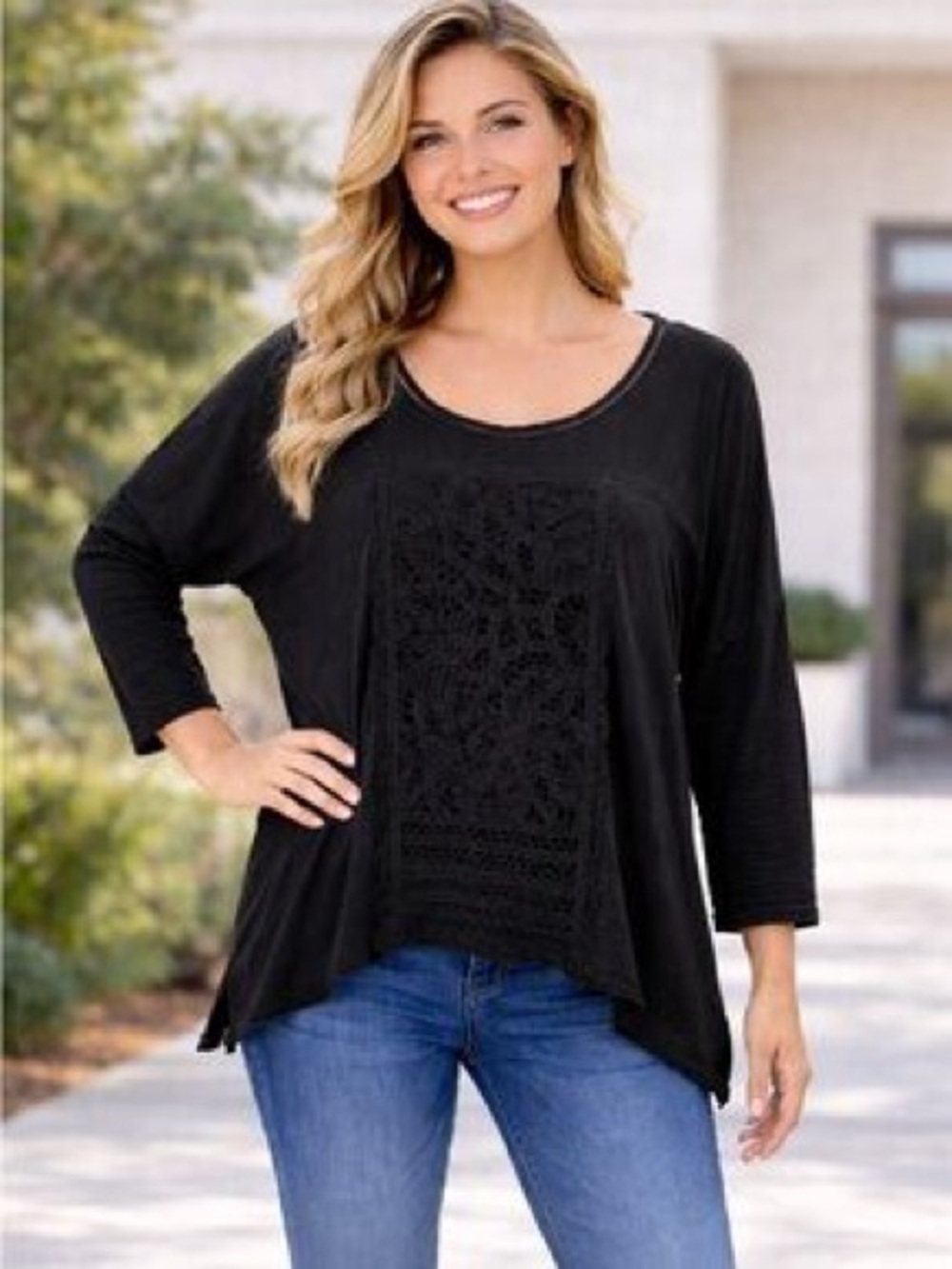 Anthropologie Meadow Rue Crochet Lace Top XL Black Boho Tunic Flowy Top